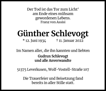 Anzeige von Günther Schlevogt von Kölner Stadt-Anzeiger / Kölnische Rundschau / Express