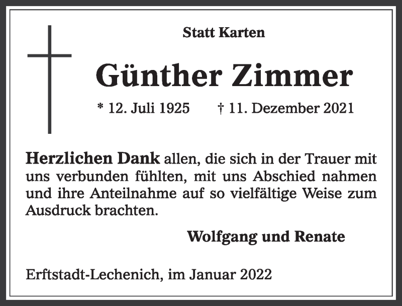  Traueranzeige für Günther Zimmer vom 21.01.2022 aus  Werbepost 