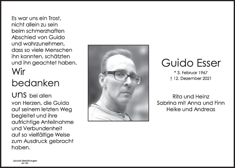  Traueranzeige für Guido Esser vom 28.01.2022 aus  Werbepost 