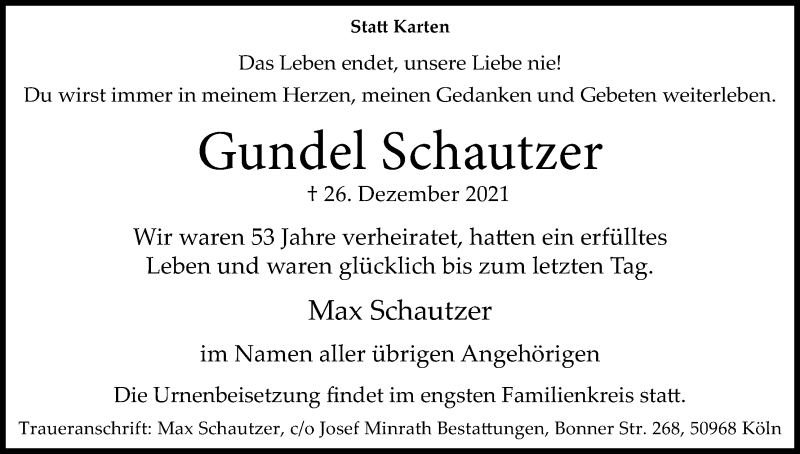  Traueranzeige für Gundel Schautzer vom 08.01.2022 aus Kölner Stadt-Anzeiger / Kölnische Rundschau / Express