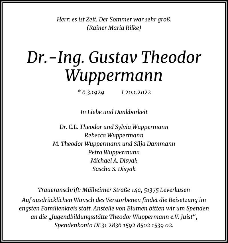  Traueranzeige für Gustav Theodor Wuppermann vom 26.01.2022 aus Kölner Stadt-Anzeiger / Kölnische Rundschau / Express