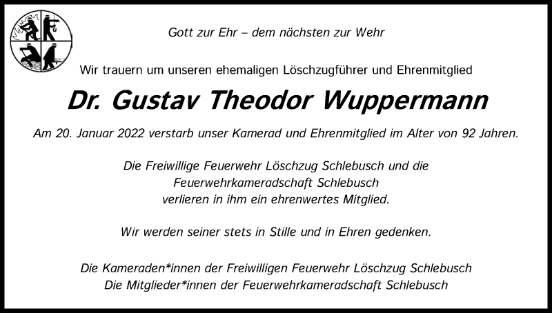  Traueranzeige für Gustav Theodor Wuppermann vom 29.01.2022 aus Kölner Stadt-Anzeiger / Kölnische Rundschau / Express