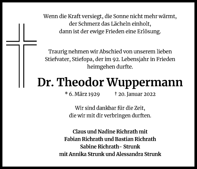  Traueranzeige für Gustav Theodor Wuppermann vom 26.01.2022 aus Kölner Stadt-Anzeiger / Kölnische Rundschau / Express