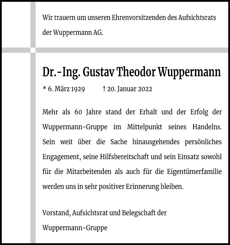  Traueranzeige für Gustav Theodor Wuppermann vom 26.01.2022 aus Kölner Stadt-Anzeiger / Kölnische Rundschau / Express