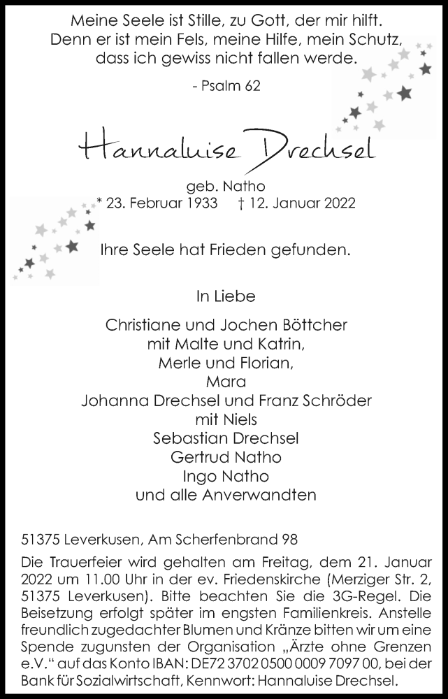 Traueranzeige für Hannaluise Drechsel vom 17.01.2022 aus Kölner Stadt-Anzeiger / Kölnische Rundschau / Express