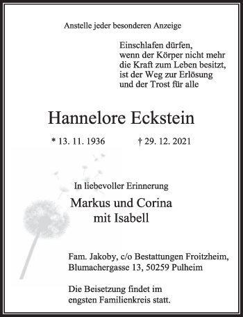 Anzeige von Hannelore Eckstein von  Wochenende 