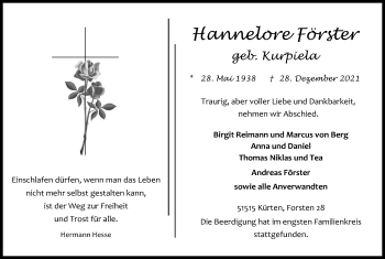 Anzeige von Hannelore Förster von Kölner Stadt-Anzeiger / Kölnische Rundschau / Express