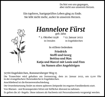 Anzeige von Hannelore Fürst von Kölner Stadt-Anzeiger / Kölnische Rundschau / Express