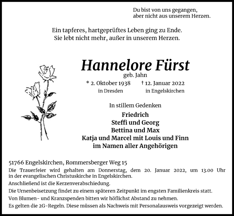 Traueranzeige für Hannelore Fürst vom 15.01.2022 aus Kölner Stadt-Anzeiger / Kölnische Rundschau / Express
