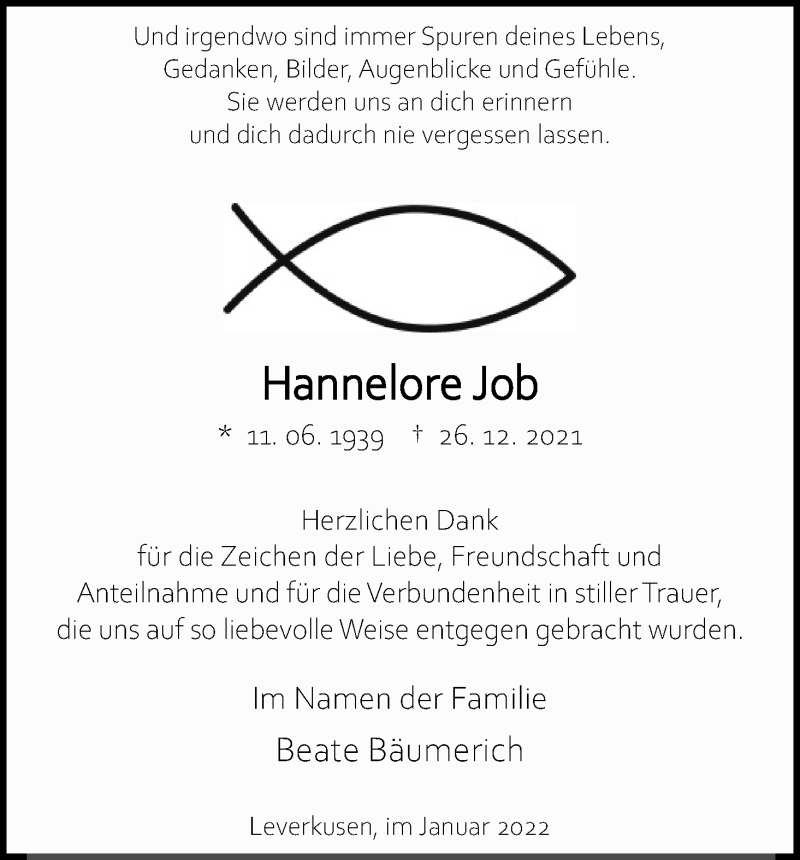  Traueranzeige für Hannelore Job vom 22.01.2022 aus Kölner Stadt-Anzeiger / Kölnische Rundschau / Express