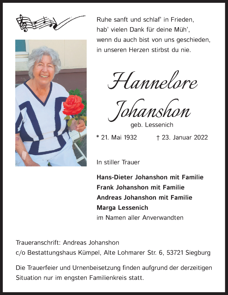  Traueranzeige für Hannelore Johanshon vom 29.01.2022 aus Kölner Stadt-Anzeiger / Kölnische Rundschau / Express