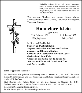Anzeige von Hannelore Klein von Kölner Stadt-Anzeiger / Kölnische Rundschau / Express