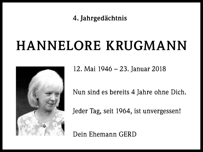  Traueranzeige für Hannelore Krugmann vom 22.01.2022 aus Kölner Stadt-Anzeiger / Kölnische Rundschau / Express
