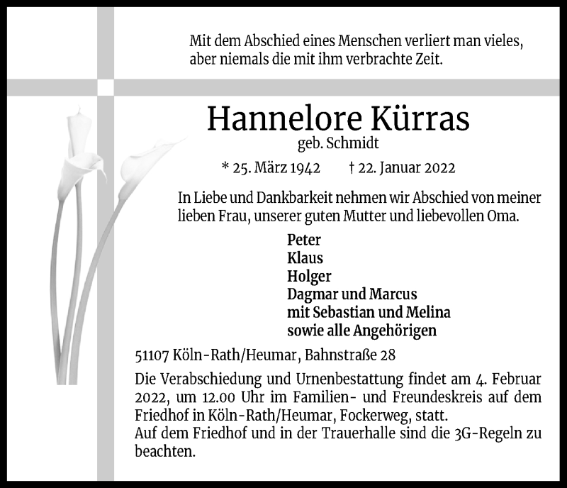  Traueranzeige für Hannelore Kürras vom 31.01.2022 aus Kölner Stadt-Anzeiger / Kölnische Rundschau / Express