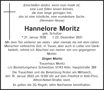 Anzeige von Hannelore Moritz von  Kölner Wochenspiegel 