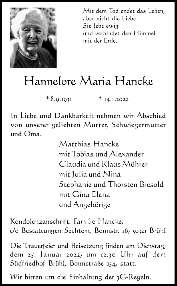  Traueranzeige für Hannelore Maria Hancke vom 22.01.2022 aus Kölner Stadt-Anzeiger / Kölnische Rundschau / Express