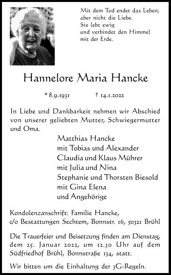Anzeige von Hannelore Maria Hancke von Kölner Stadt-Anzeiger / Kölnische Rundschau / Express