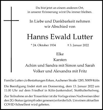 Anzeige von Hanns Ewald Lutter von Kölner Stadt-Anzeiger / Kölnische Rundschau / Express
