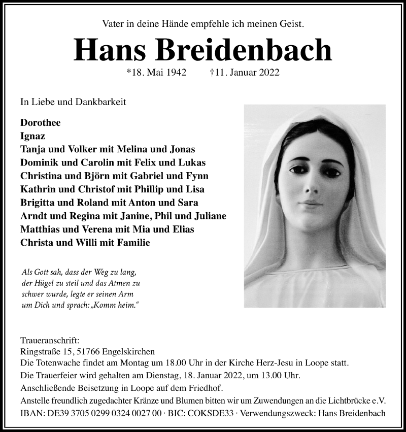  Traueranzeige für Hans Breidenbach vom 15.01.2022 aus Kölner Stadt-Anzeiger / Kölnische Rundschau / Express