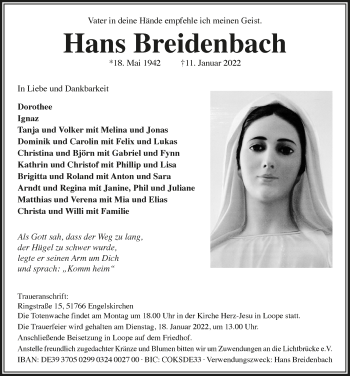 Anzeige von Hans Breidenbach von  Anzeigen Echo 