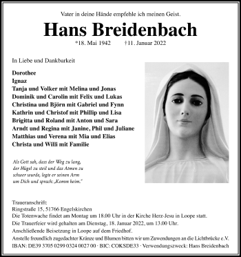 Anzeige von Hans Breidenbach von Kölner Stadt-Anzeiger / Kölnische Rundschau / Express