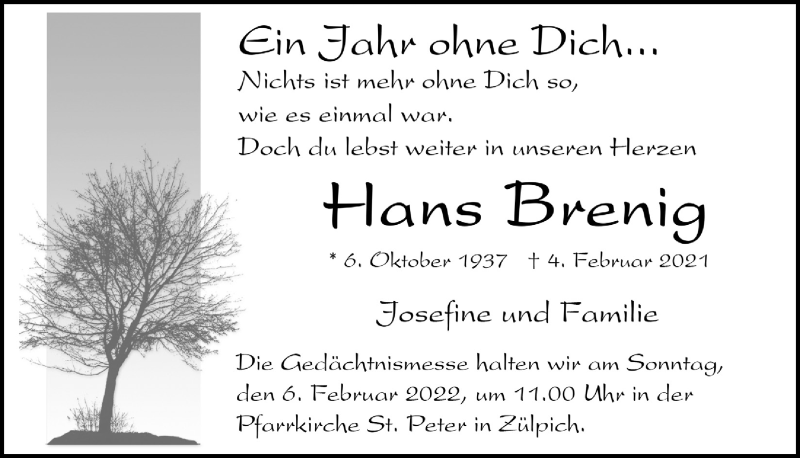  Traueranzeige für Hans Brenig vom 29.01.2022 aus  Blickpunkt Euskirchen 