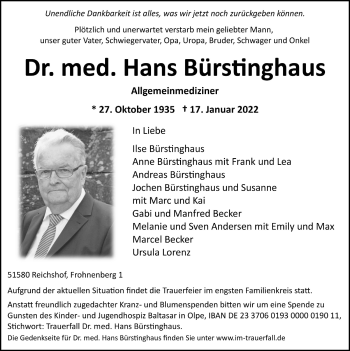 Anzeige von Hans Bürstinghaus von  Anzeigen Echo  Lokalanzeiger 