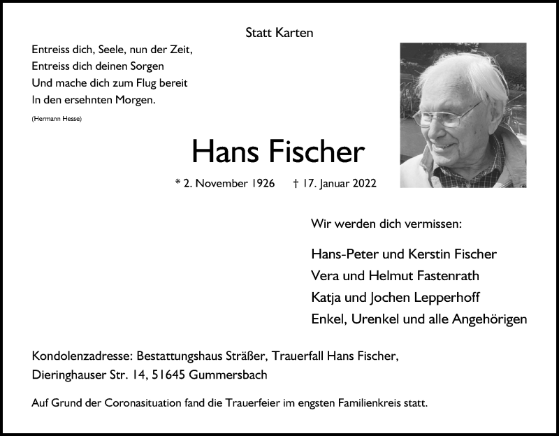  Traueranzeige für Hans Fischer vom 22.01.2022 aus Kölner Stadt-Anzeiger / Kölnische Rundschau / Express