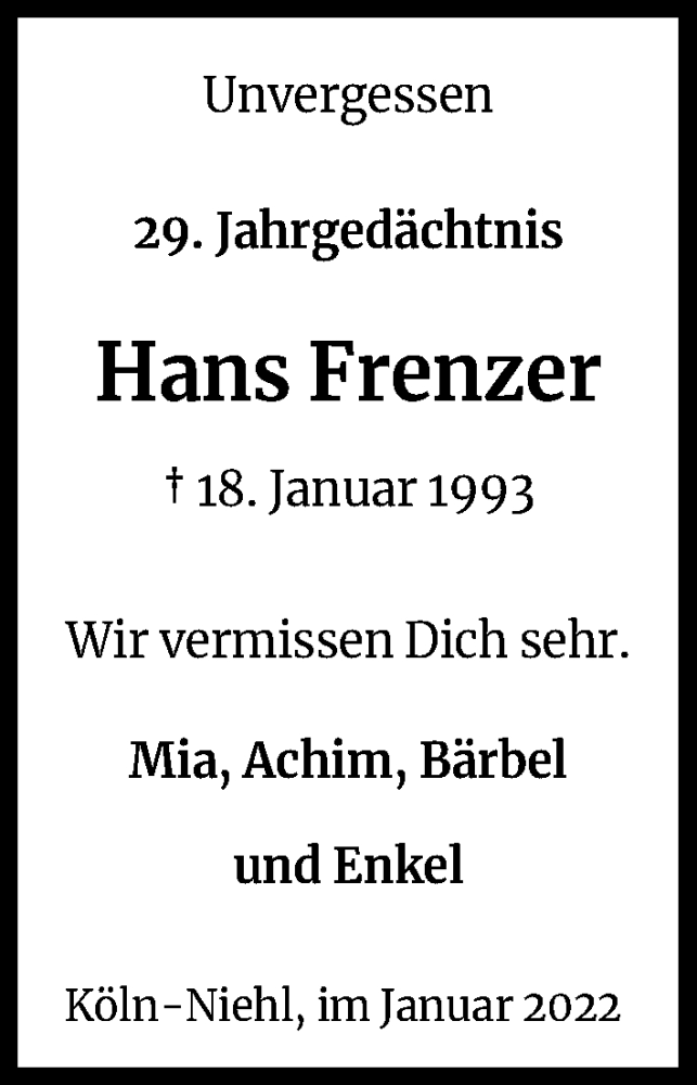  Traueranzeige für Hans Frenzer vom 18.07.2023 aus Kölner Stadt-Anzeiger / Kölnische Rundschau / Express