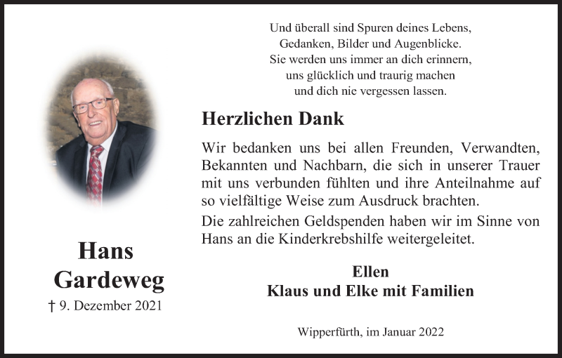  Traueranzeige für Hans Gardeweg vom 15.01.2022 aus Kölner Stadt-Anzeiger / Kölnische Rundschau / Express
