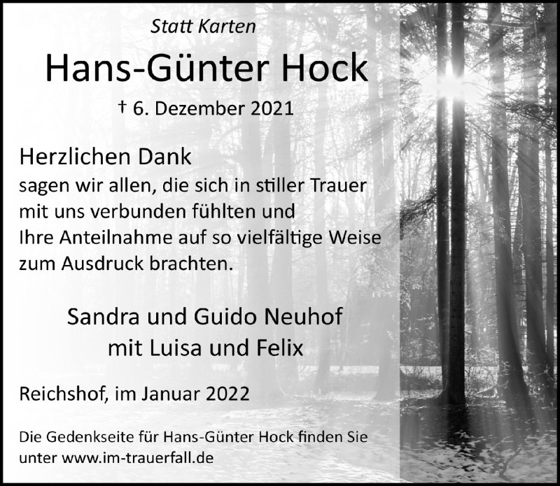  Traueranzeige für Hans-Günter Hock vom 14.01.2022 aus  Lokalanzeiger 