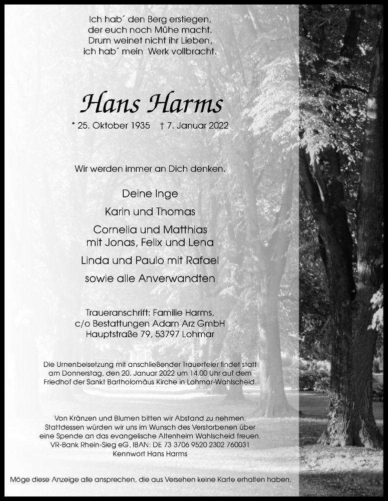  Traueranzeige für Hans Harms vom 18.01.2022 aus Kölner Stadt-Anzeiger / Kölnische Rundschau / Express