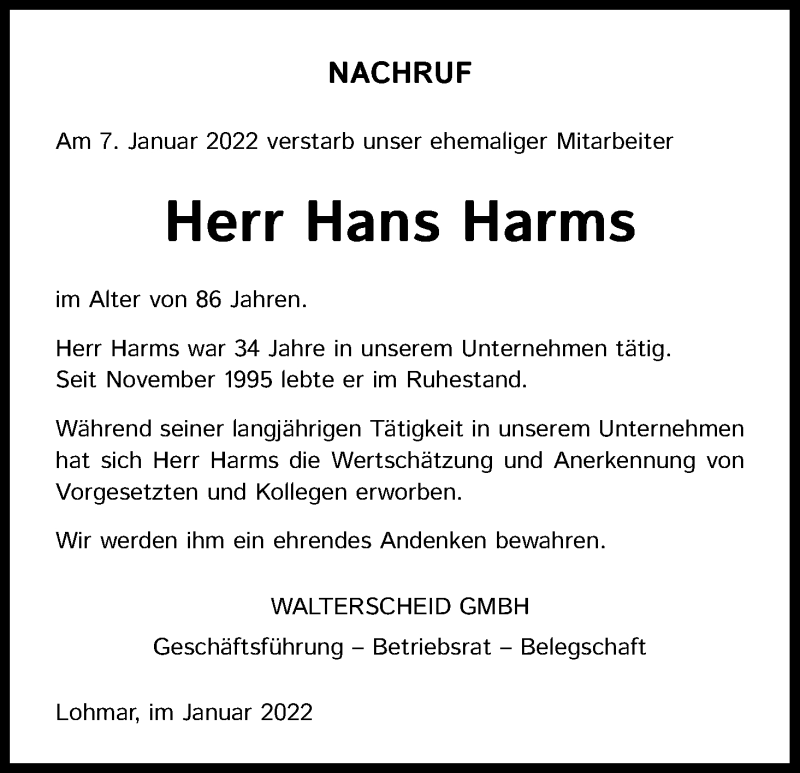  Traueranzeige für Hans Harms vom 22.01.2022 aus Kölner Stadt-Anzeiger / Kölnische Rundschau / Express