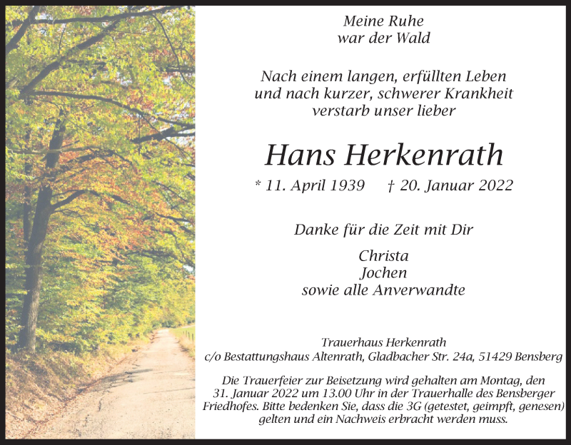  Traueranzeige für Hans Herkenrath vom 26.01.2022 aus Kölner Stadt-Anzeiger / Kölnische Rundschau / Express