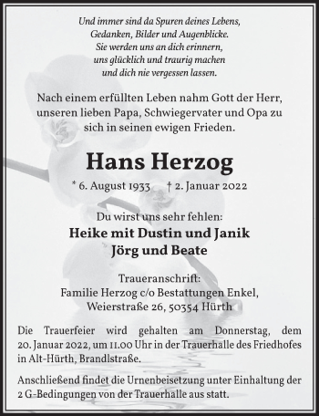 Anzeige von Hans Herzog von  Wochenende 
