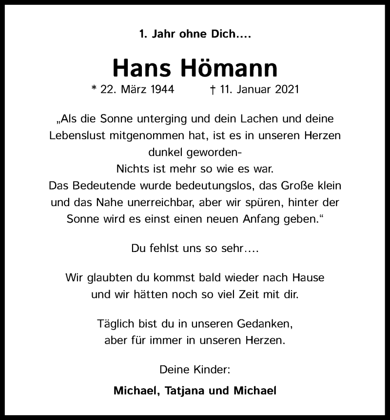  Traueranzeige für Hans Hömann vom 11.01.2022 aus Kölner Stadt-Anzeiger / Kölnische Rundschau / Express