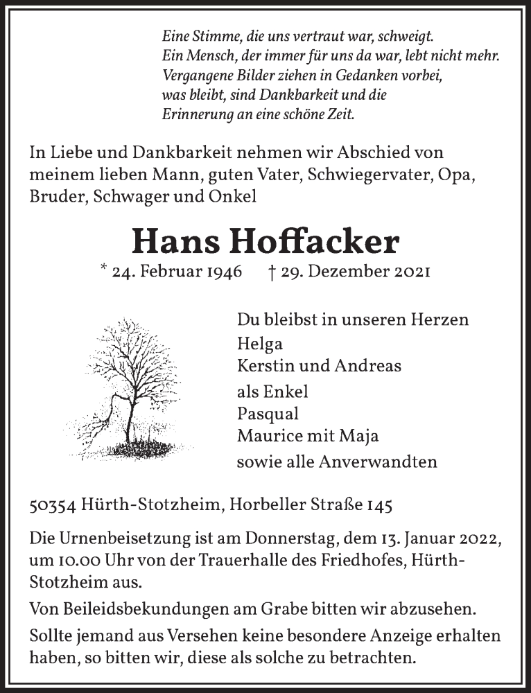  Traueranzeige für Hans Hoffacker vom 07.01.2022 aus  Wochenende 