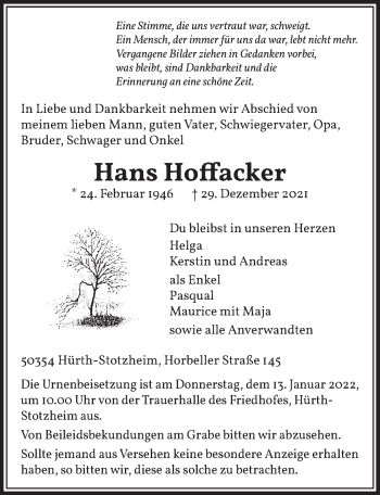 Anzeige von Hans Hoffacker von  Wochenende 