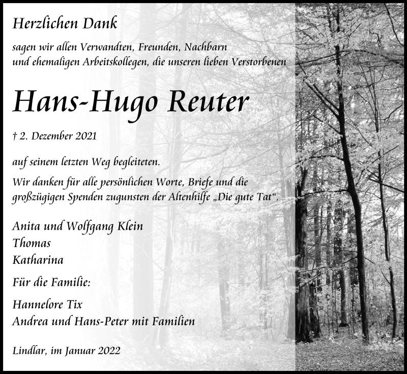  Traueranzeige für Hans-Hugo Reuter vom 22.01.2022 aus Kölner Stadt-Anzeiger / Kölnische Rundschau / Express
