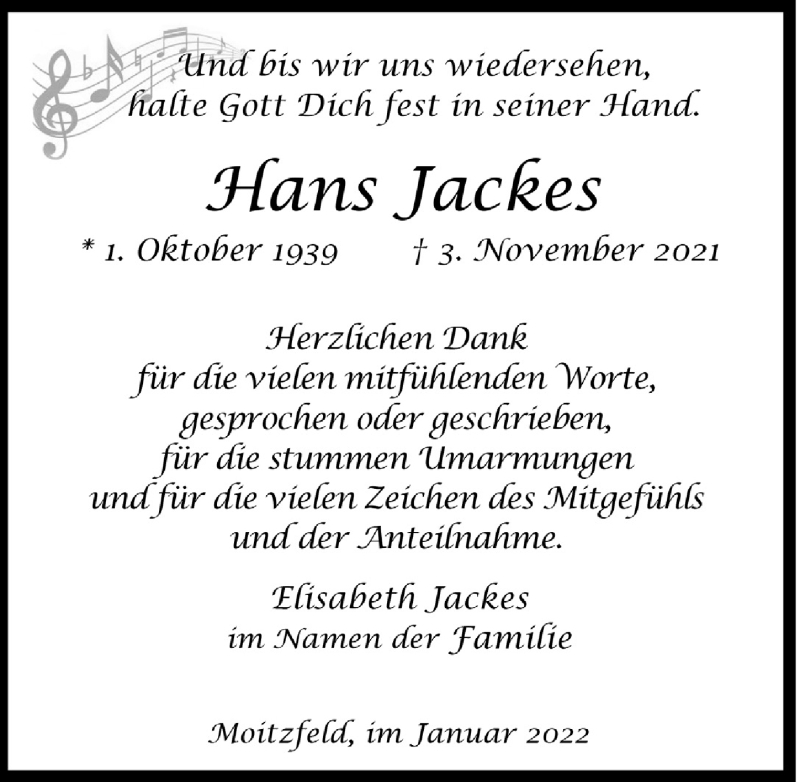  Traueranzeige für Hans Jackes vom 07.01.2022 aus  Bergisches Handelsblatt 