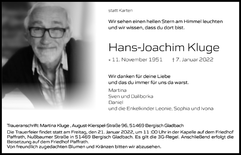  Traueranzeige für Hans-Joachim Kluge vom 14.01.2022 aus  Bergisches Handelsblatt 