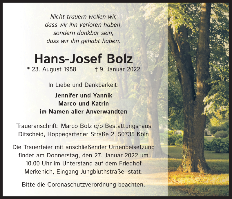  Traueranzeige für Hans-Josef Bolz vom 22.01.2022 aus Kölner Stadt-Anzeiger / Kölnische Rundschau / Express