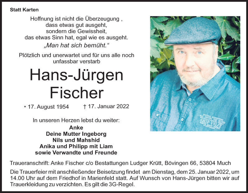  Traueranzeige für Hans-Jürgen Fischer vom 22.01.2022 aus Kölner Stadt-Anzeiger / Kölnische Rundschau / Express