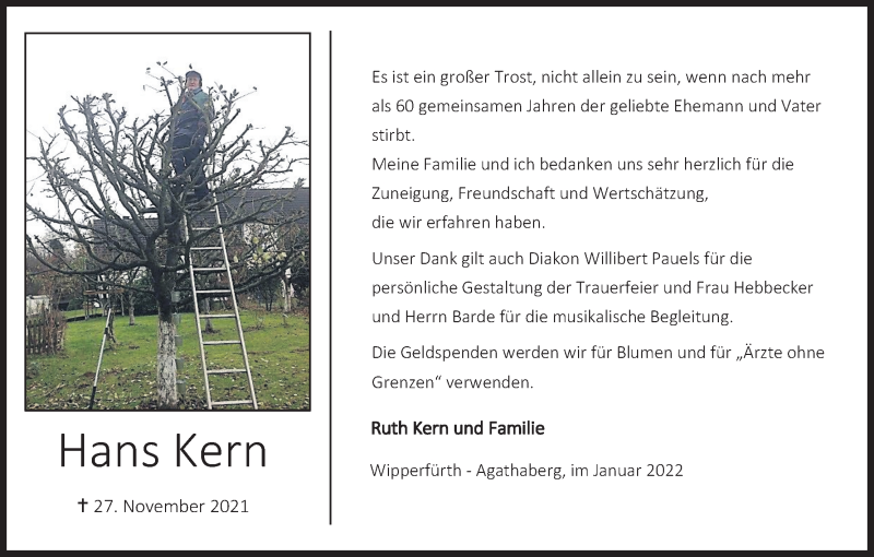  Traueranzeige für Hans Kern vom 29.01.2022 aus Kölner Stadt-Anzeiger / Kölnische Rundschau / Express