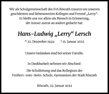 Anzeige von Hans-Ludwig Lersch von Kölner Stadt-Anzeiger / Kölnische Rundschau / Express