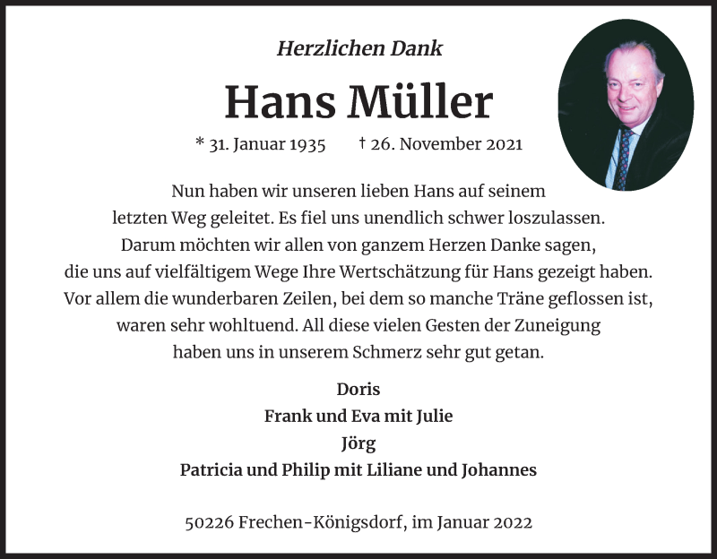  Traueranzeige für Hans Müller vom 08.01.2022 aus Kölner Stadt-Anzeiger / Kölnische Rundschau / Express