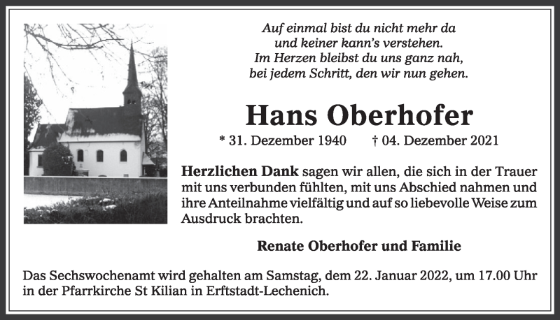  Traueranzeige für Hans Oberhofer vom 14.01.2022 aus  Werbepost 
