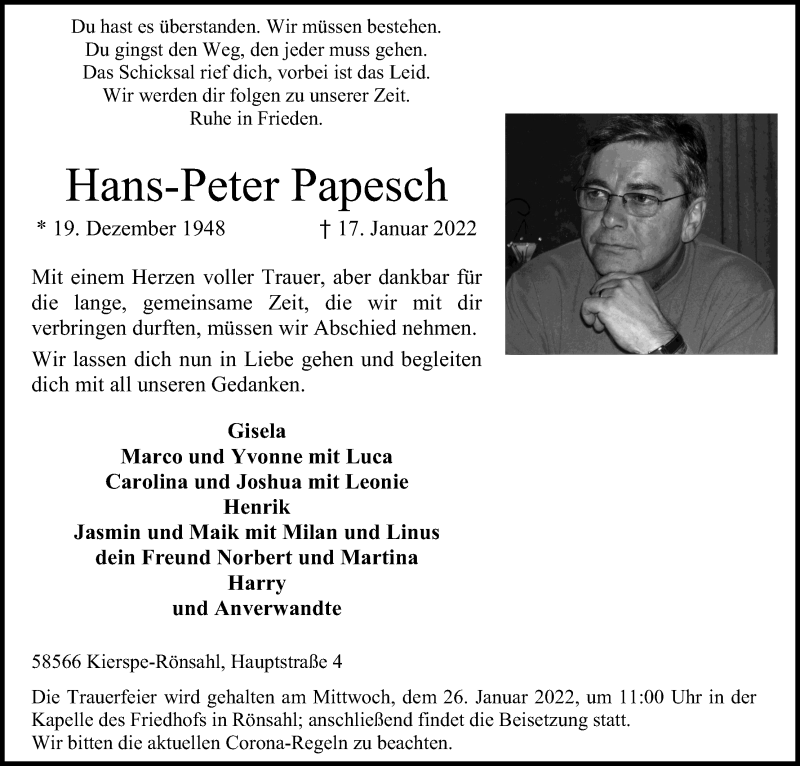  Traueranzeige für Hans-Peter Papesch vom 19.01.2022 aus Kölner Stadt-Anzeiger / Kölnische Rundschau / Express