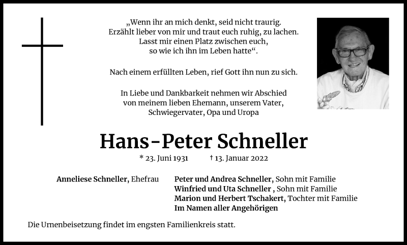  Traueranzeige für Hans-Peter Schneller vom 29.01.2022 aus Kölner Stadt-Anzeiger / Kölnische Rundschau / Express