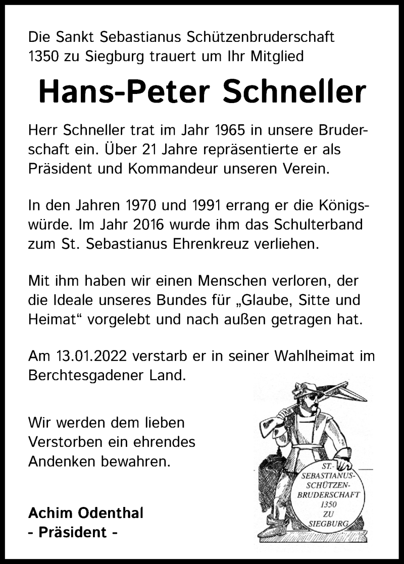  Traueranzeige für Hans-Peter Schneller vom 29.01.2022 aus Kölner Stadt-Anzeiger / Kölnische Rundschau / Express